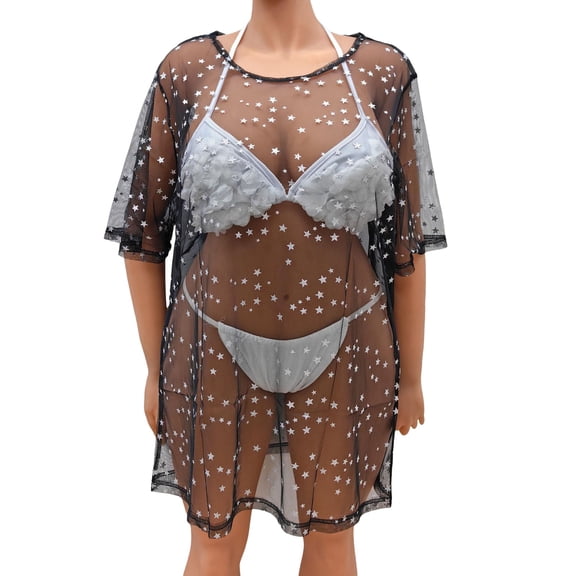 Glisme Swimsuit Coverup For Women Beach Cover Up Plus Size Dress See Through Mesh Star Bronzing Long T Shirt Bikini Cover Up Trend Black Beachwear