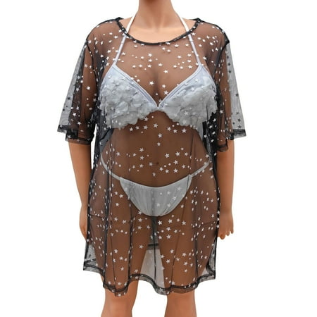 Women s Swimwears Cover-Ups Beach Cover Up Plus Size Dress Sexy See Through Mesh Star Bronzing Long T Shirt Bikini Cover Up Female Stylish Summer Beachwear