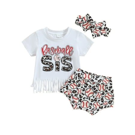 

Calsunbaby Toddler Girls Clothes White Short Sleeve Letter T Shirt Baseball Print Shorts Headband Sets Summer Outfits