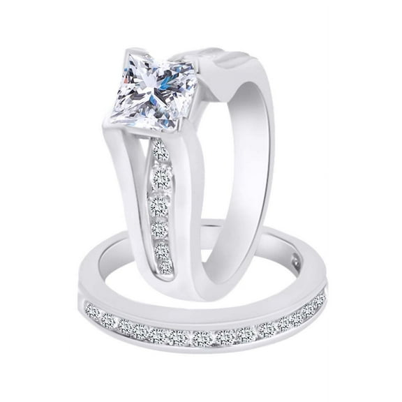 AFFY Princess & Round Cubic Zirconia Solitaire Bridal Ring Set 14K White Gold over Silver-4