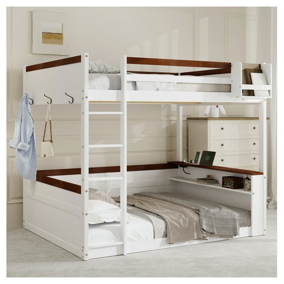 Queen Wooden Bunk Bed with Shelves, Storage Box, LED & USB, White
