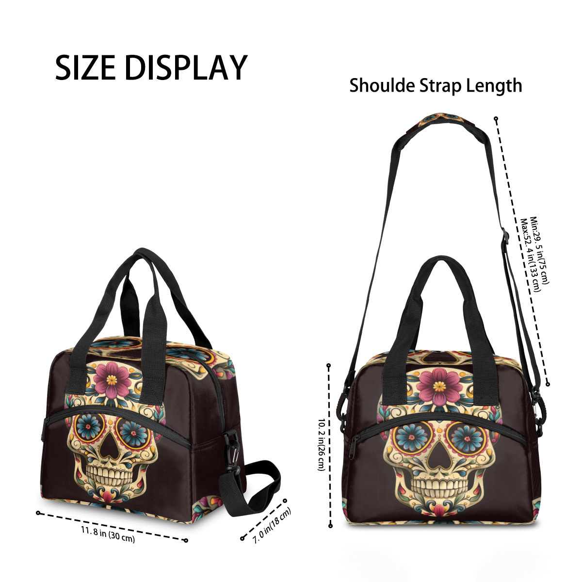 Herdesigns Day The Dead Skull Halloween Insulated Lunch Bag for Women Men Adults Large Reusable Lunch Box Leakproof Portable Cooler Tote Bags with Adjustable Shoulder Strap