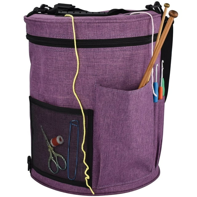 Sac de Rangement de Fil de Grande Capacité avec Multi-Poches Sac de Rangement de Tricot en Forme de Tonneau Sac Organisateur de Tricot de Fil Portable avec Utilisation de Voyage à la Maison de Sangle de Hnadle pour les Crochets Aiguilles Fil Écheveaux