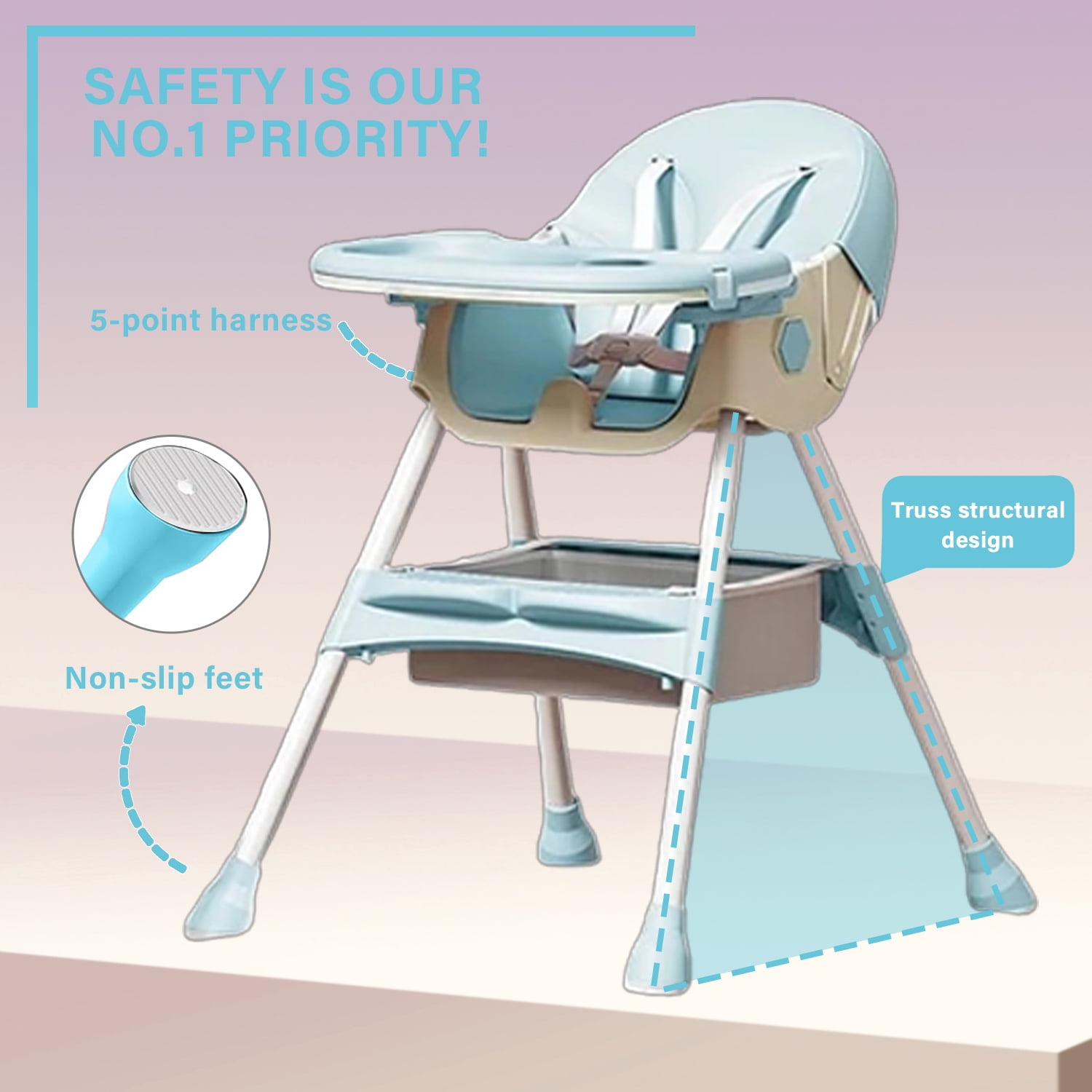 KFeng 4-in-1 Foldable Baby High Chair,Combines Play and Dining,Adjustable Dual-layer Tray and Backrest, Green