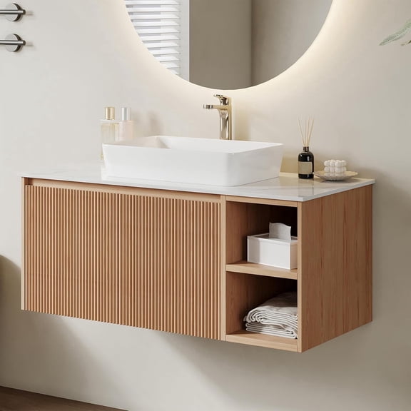 36" Floating Bathroom Vanity with Sink Combo, Mid-Century Modern Wall Mounted Bathroom Cabinet Set with Storage, Ceramic Basin, Light Walnut
