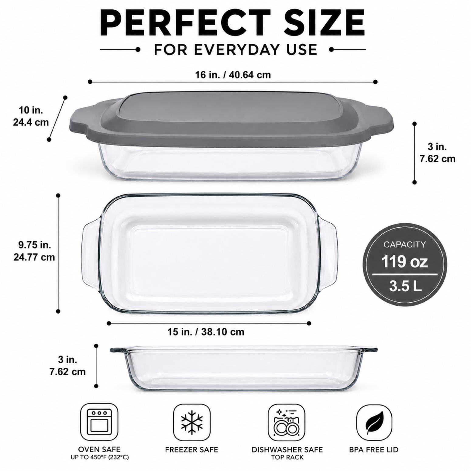 Sorbus 3.5L Borosilicate Glass Baking Dish with Lid, Deep Rectangular Bakeware Pan