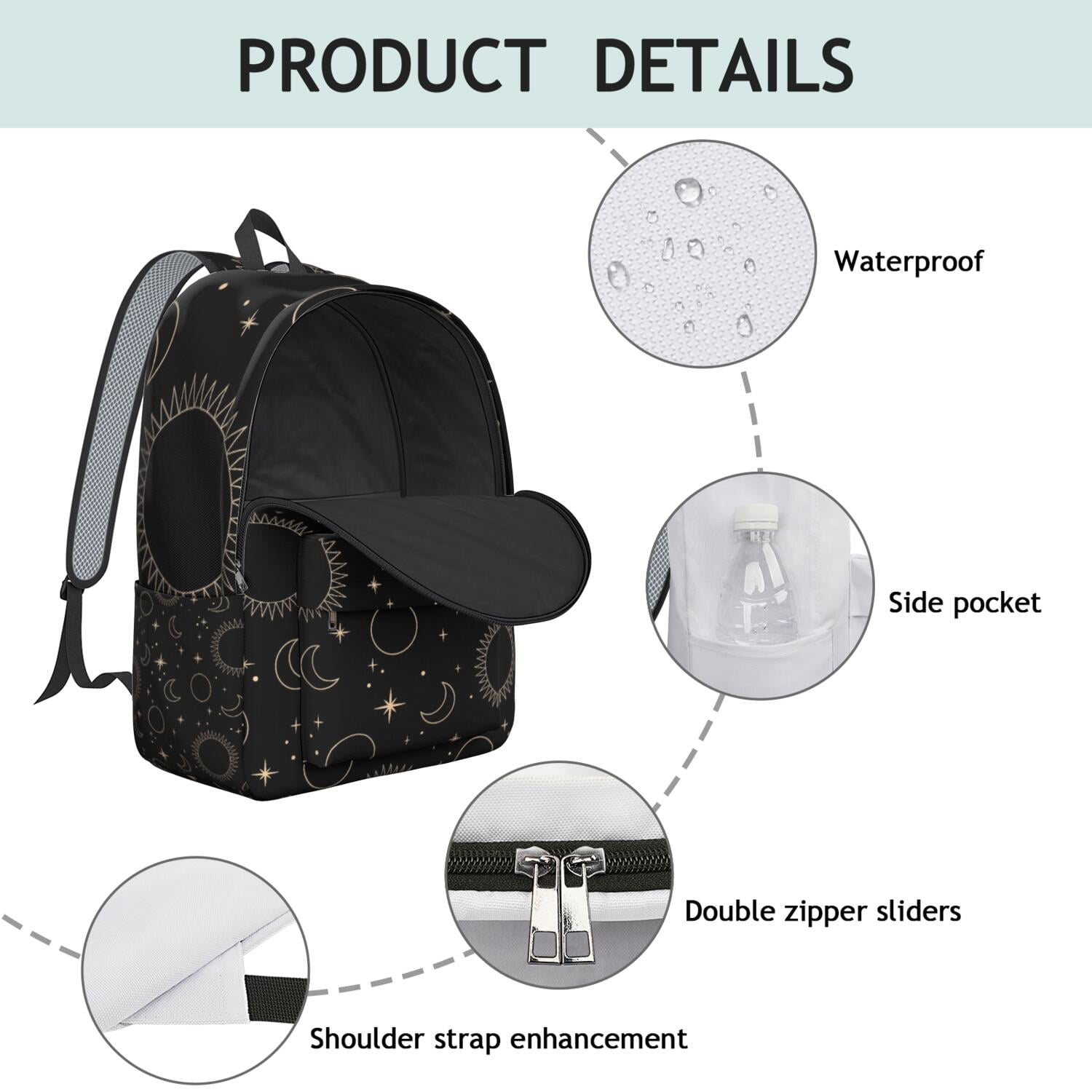 Waterproof Witchy Gothic Backpack, Durable School Bag Featuring Celestial Sun, Moon, and Starry Night Design