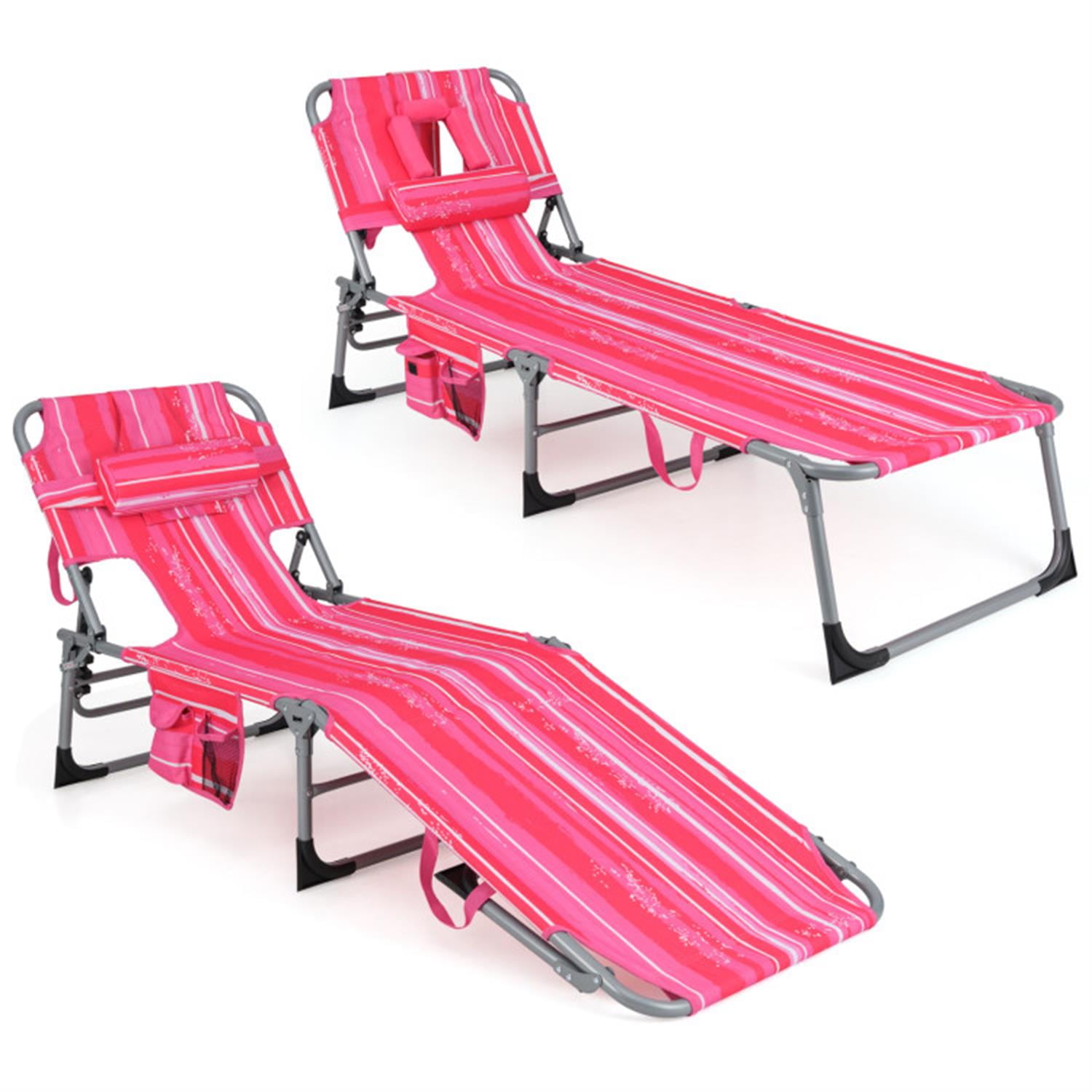 Demi Bonn Patio Folding Beach Lounge Chair with Pillow for Outdoor Pool, Sunbathing and Reading on Stomach, Pink