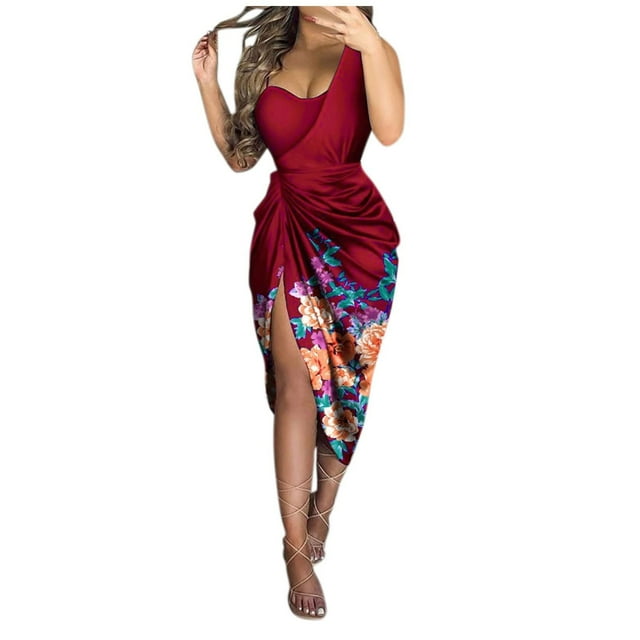 EQWLJWE Longue Robe pour Femmes Robe d'Été pour Femmes Imprimée Sans Bretelles Sans Manches Robe de Soirée Fumée