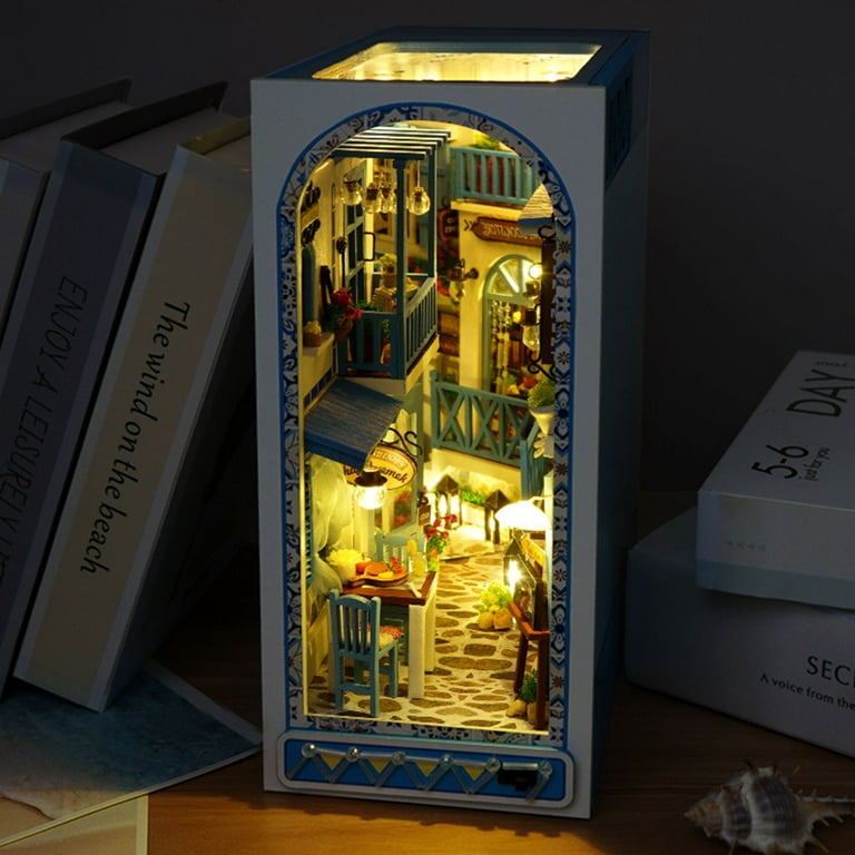 Book Nook Kit DIY Bookshelf Insert Decor 3D Puzzle Miniature Wooden  Bookends with LED Light Tiny Library Home Dollhouse 