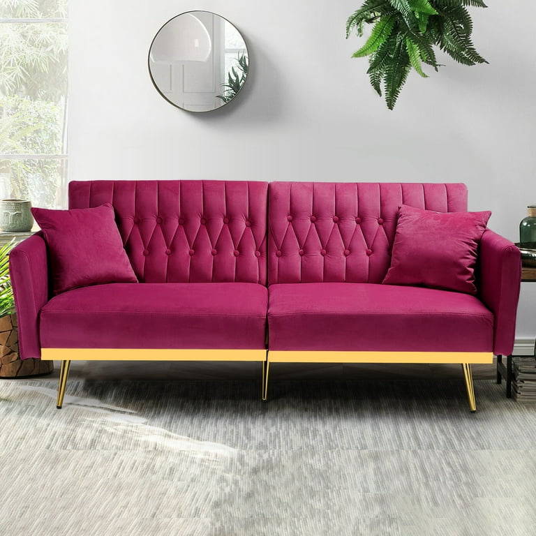 ACMEASE 70 Velvet Futon Sofa Bed with Adjustable Armrests and 2 Pillows Convertible Futon Couch Fuchsia Walmart