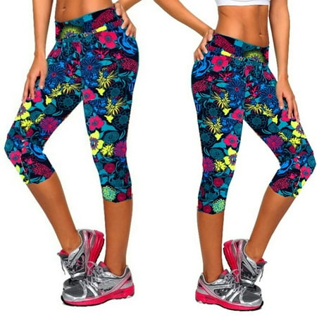 

ELFINDEA Shapewear Yoga Pants Print High-waist Hip Stretch Running Fitness Seven-minute Pants Plus Size Body Suits for Womens Blue L