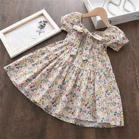 

Toddler Kids Baby Girls Summer Casual Puff Sleeves Ruffled Bow Floral Party Princess Dress Clothes 1-7 Years