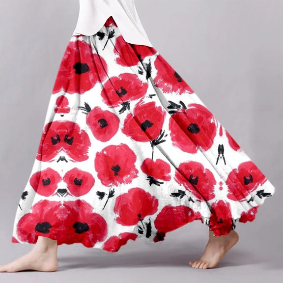 Skirts for Women Skirt Womens Summer Printed Wrap Skirt with Elastic Waist A Line Boho Beach Flowy Long Skirt for Casual Comfort Red M