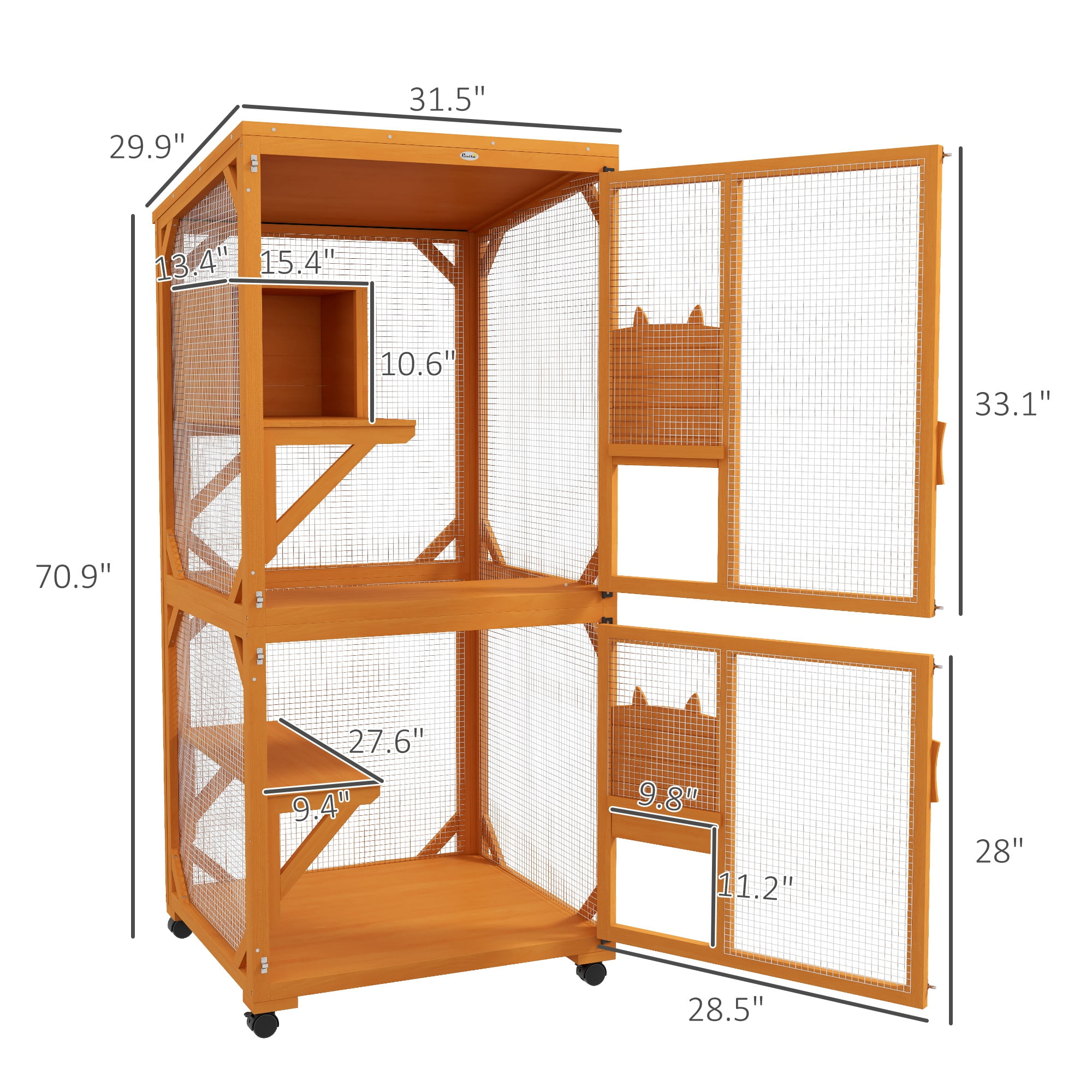 Large Cat House with High-Up Resting Box, 71" Wooden Catio with Asphalt Roof, Indoor & Outdoor Cat Enclosure on Wheels, for 1-3 Cats, Orange