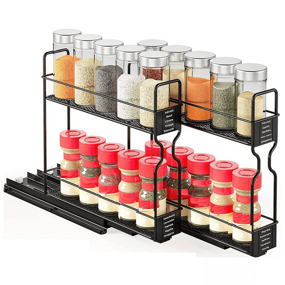 Spice Rack Organizer, 2-Tier Pull Out Seasoning Rack for Kitchen Cabinet, Spice Drawer Organizer Shelf for Small Space