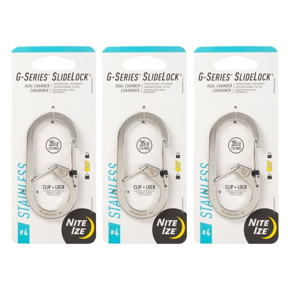 Nite Ize G-Series SlideLock Dual Chamber Carabiner - Key Holder & Organizer with SlideLock - Heavy-Duty Carabiner Clip for Car Keys, Keychain Accessories & More - Size 4, Stainless Steel (3 Pack)