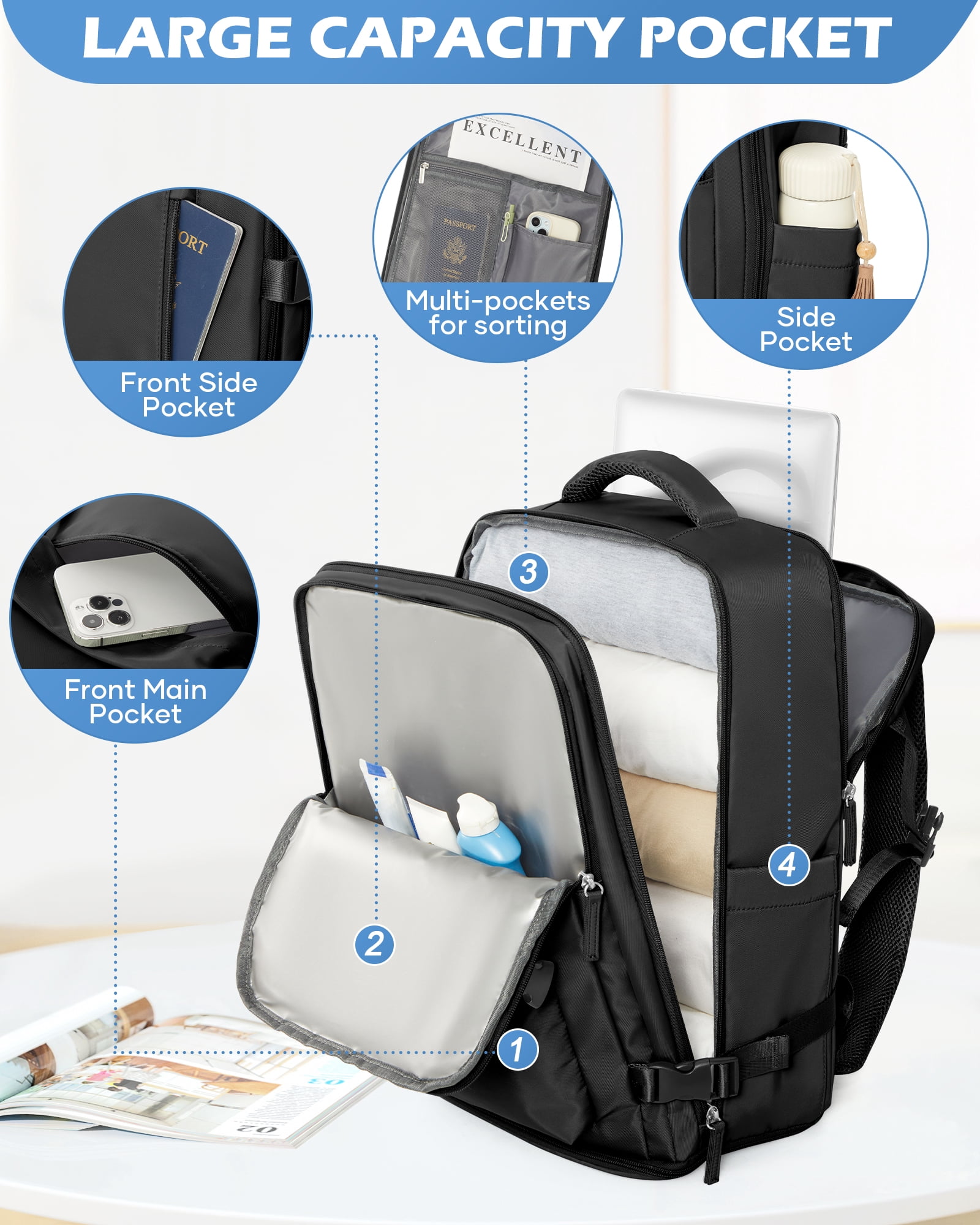 Large Travel backpacks for Adults, Flight Personal Carry on Backpack for Women Men, Approved Airlines Back Pack Carry-ons Mochilas de Viaje, Waterproof Luggage Laptop Backpack Black
