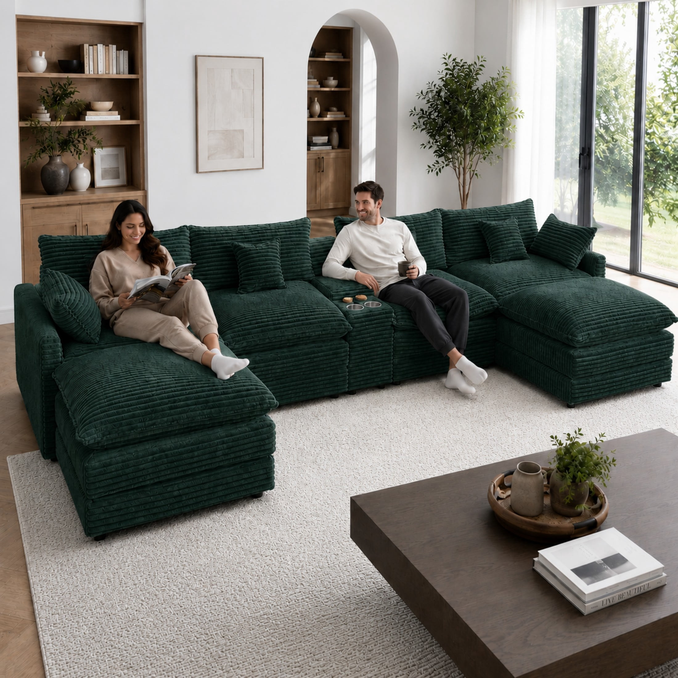 Aenkyo 141-Inch U-Shaped Corduroy Cloud Sectional Sofa with Console, Green