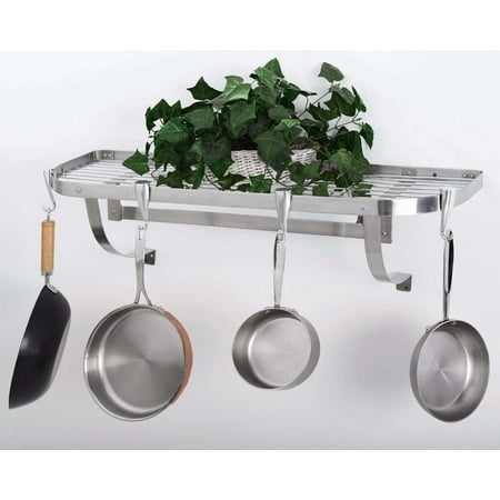 Steel Pot Rack Espresso Wood (Concept Housewares, Stainless Steel Wall Mounted Pot Rack 39”x13” Supplied pan hooks slide and position as)