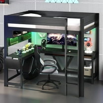 Full Size Loft Bed with Desk, Gaming Bed Frame with LED Lights and Charging Station, Storage Shelves for Bedroom, Black