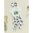 thumbnail image 3 of Suealasg 3Pcs Baby Boys Farm Clothes 3 6 12 18 Months Infant Short Sleeve Digger Letter Print Romper +Long Pants +Beanies Hat Set Newborn Boys Summer Casual Outfits, 3 of 7