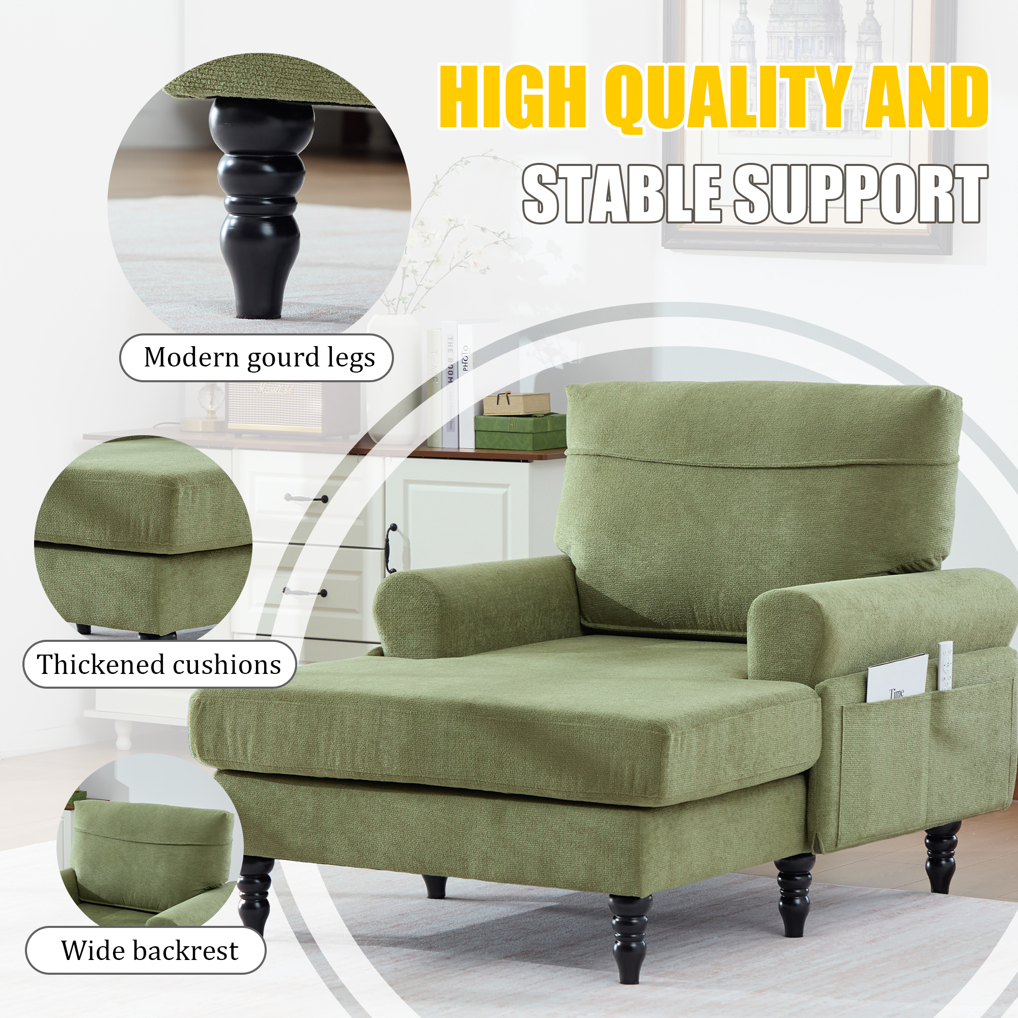MOONMISS Chenille Upholstered Wood Frame Recliner Single Sofa with Comfortable Backrest and Armrests-Olive Green