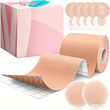 Boob Tape Breast Lift Tape for Large Breasts Invisible Push Up Body Tape with 2Pcs Nipple Covers, Skin-Friendly Breathable Waterproof Sweatproof Adhesive Tape for A-G Cup Daily Party Evening Dress We