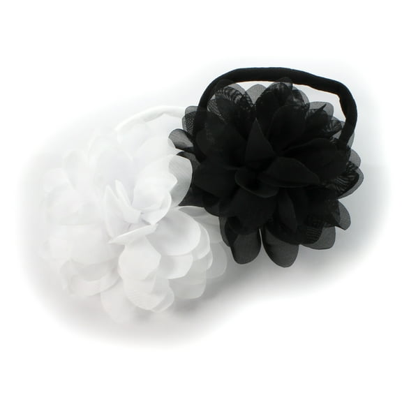 My Lello Baby Girl Rounded Petal Chiffon Flower Nylon Elastic Headbands Set 2pcs - Large - White / Black