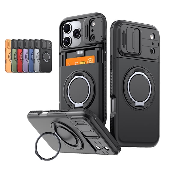 Mynvo for iPhone 17 Pro Max Case with Card Holder Kickstand and Camera Cover, Slim Fit Hard PC Rugged Non-Slip Anti-Fingerprint Shockrpoof Protective Bumper for Women Men, Black