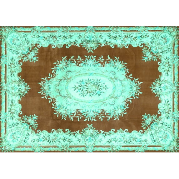 Ahgly Company Machine Washable Indoor Rectangle Medallion Turquoise Blue French Area Rugs, 8' x 12'