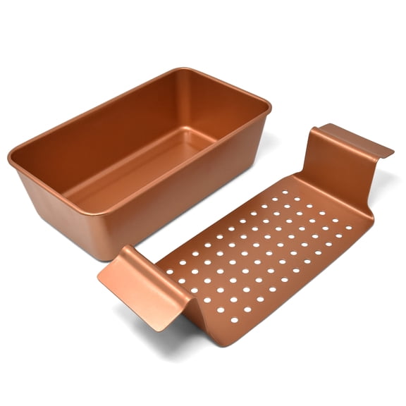PERLLI Meat Loaf Pan with Drip Tray, 2 Pc. 9.8 x 5.7 In. High-Carbon Steel Nonstick Copper Loaf Pan, BPA-Free Oven Bakeware for Meatloaf, Bread, Cakes & More
