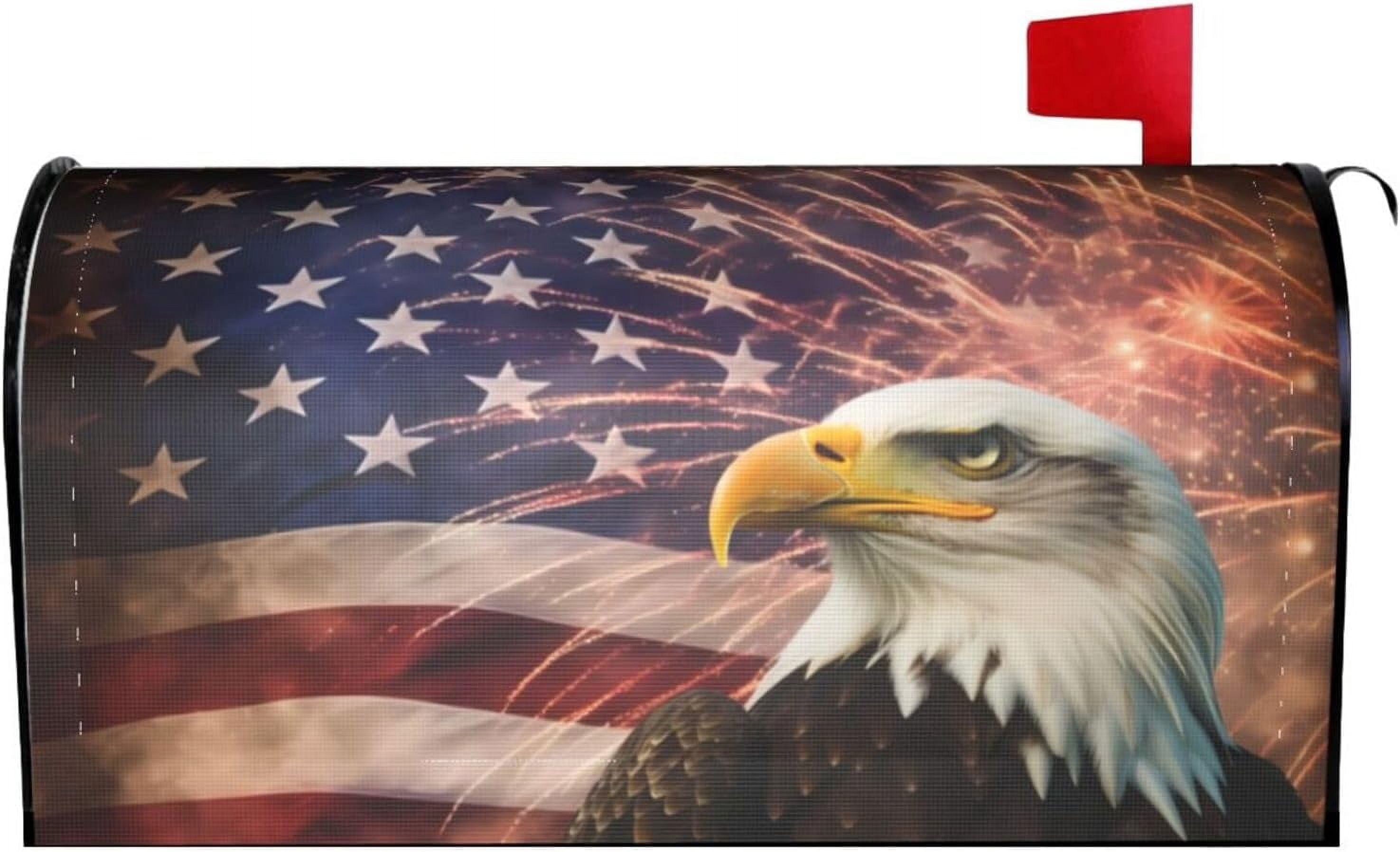 American Flag Welcome Magnetic Mailbox Cover, Firework Eagle Mailbox Wrap Decorative for Garden Yard Home 21x18 in