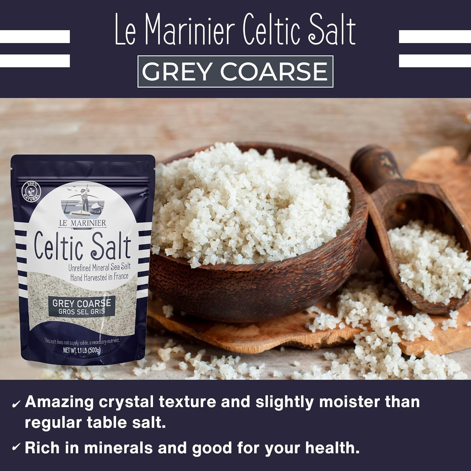 Le Marinier Celtic Salt Organic Grey Coarse, 1.1lb - 18oz Pack of 2. Mineral Rich Unrefined French Sea Salt 100% Natural, Hand Harvested (1.1lb Grey Coarse - Pack of 2)