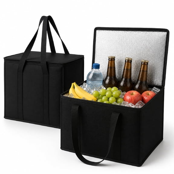 2-Pack XL Insulated Grocery Shopping Bags, Reusable Thermal Tote for Food Delivery, Black, 16x12.5x9