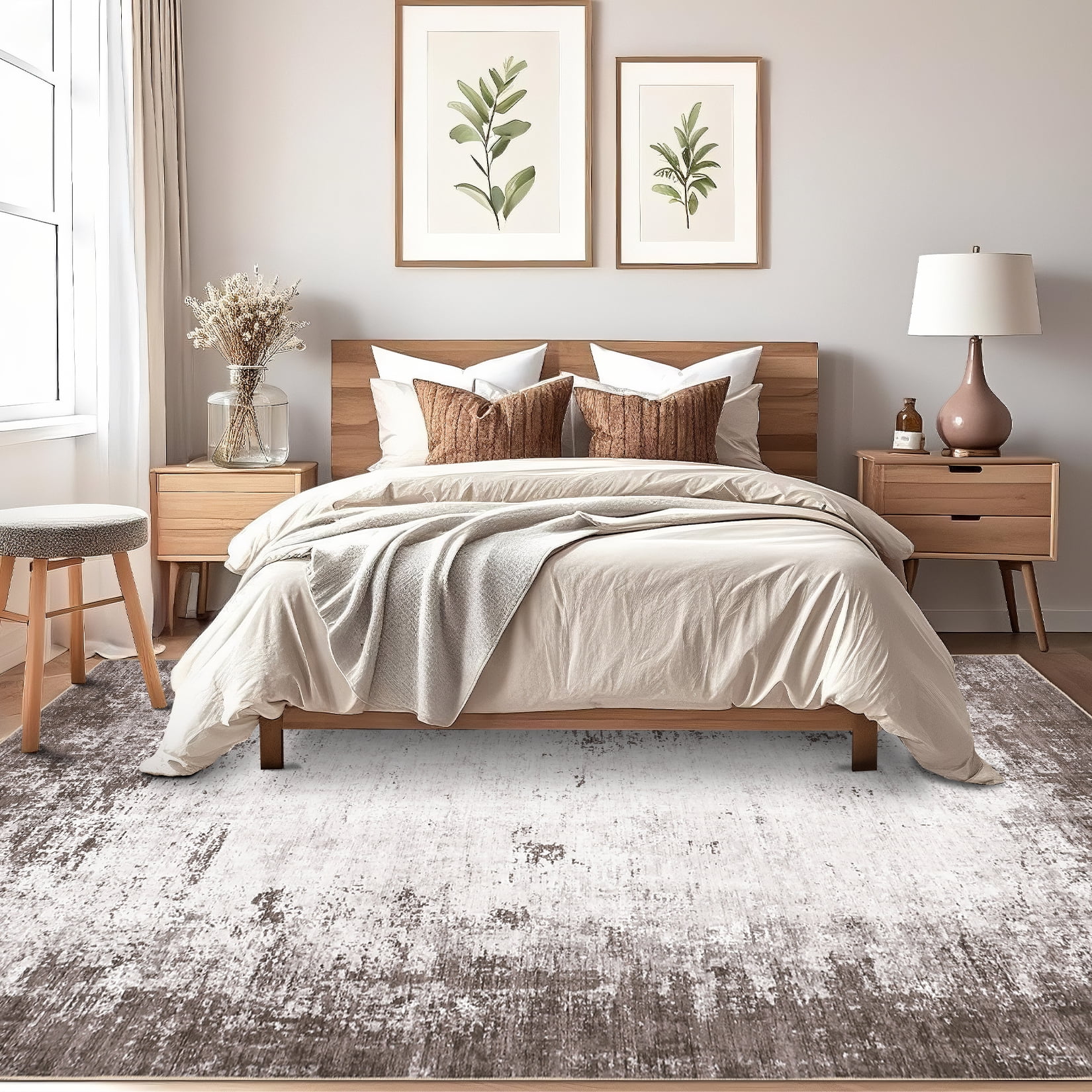 GlowSol 5'x7' Area Rug Washable Contemporary Abstract Rug Soft Non-Slip Low Pile Foldable Rugs for Dining Room Home Office, Brown