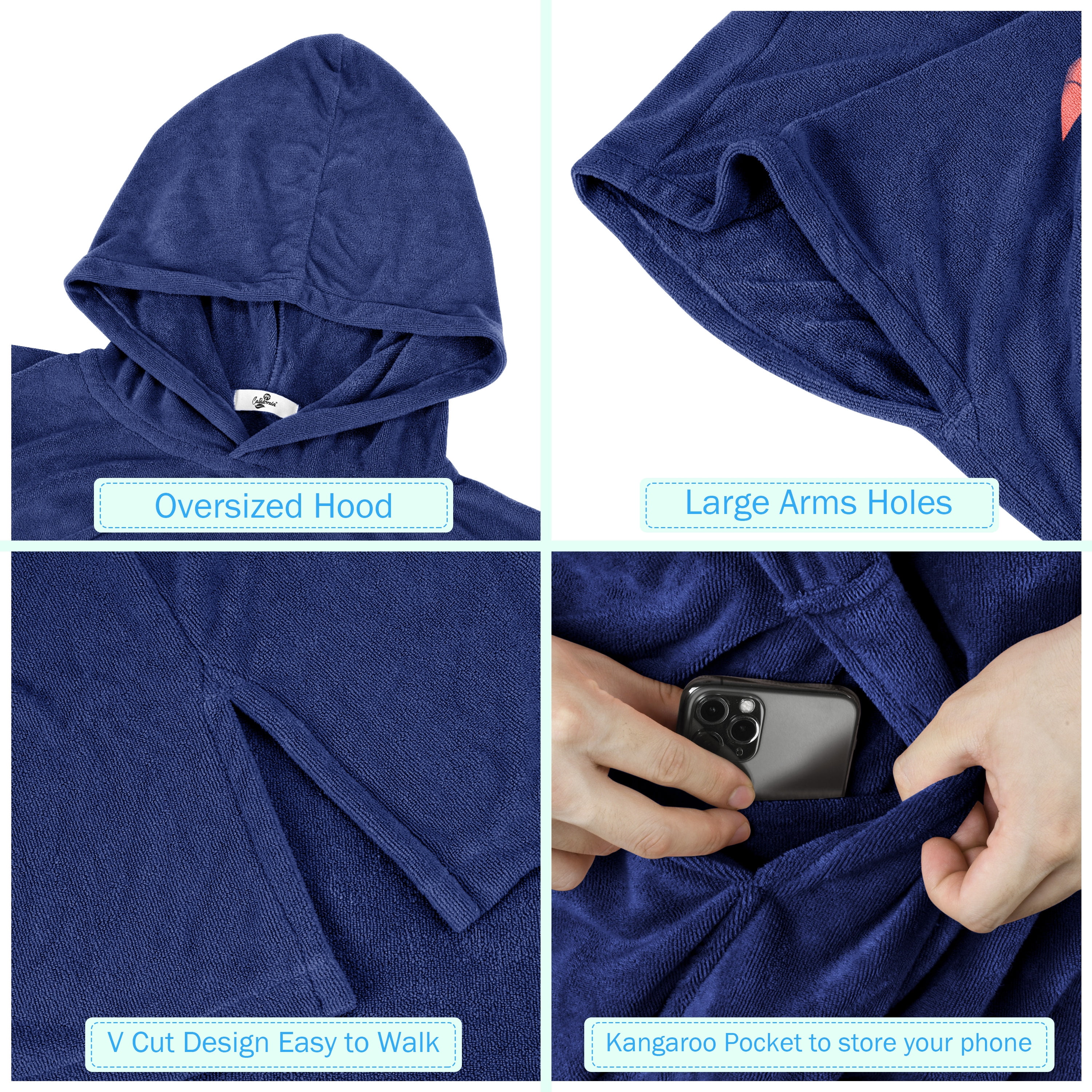 Catalonia Surf Beach Changing Towel With Hood, Absorbent Microfiber Robe Poncho, Men & Women, Navy