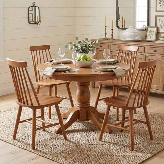 Farmhouse Wooden Dining Chairs Set of 4, Windsor Spindle Back Chair for Kitchen & Dining Room, Walnut