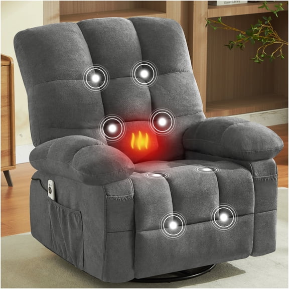JERFIT PowerSwivel Massage Recliner Chair with Heat, Vibration, USB Charging, 360 Swivel & Rocking for Living Room, Gray