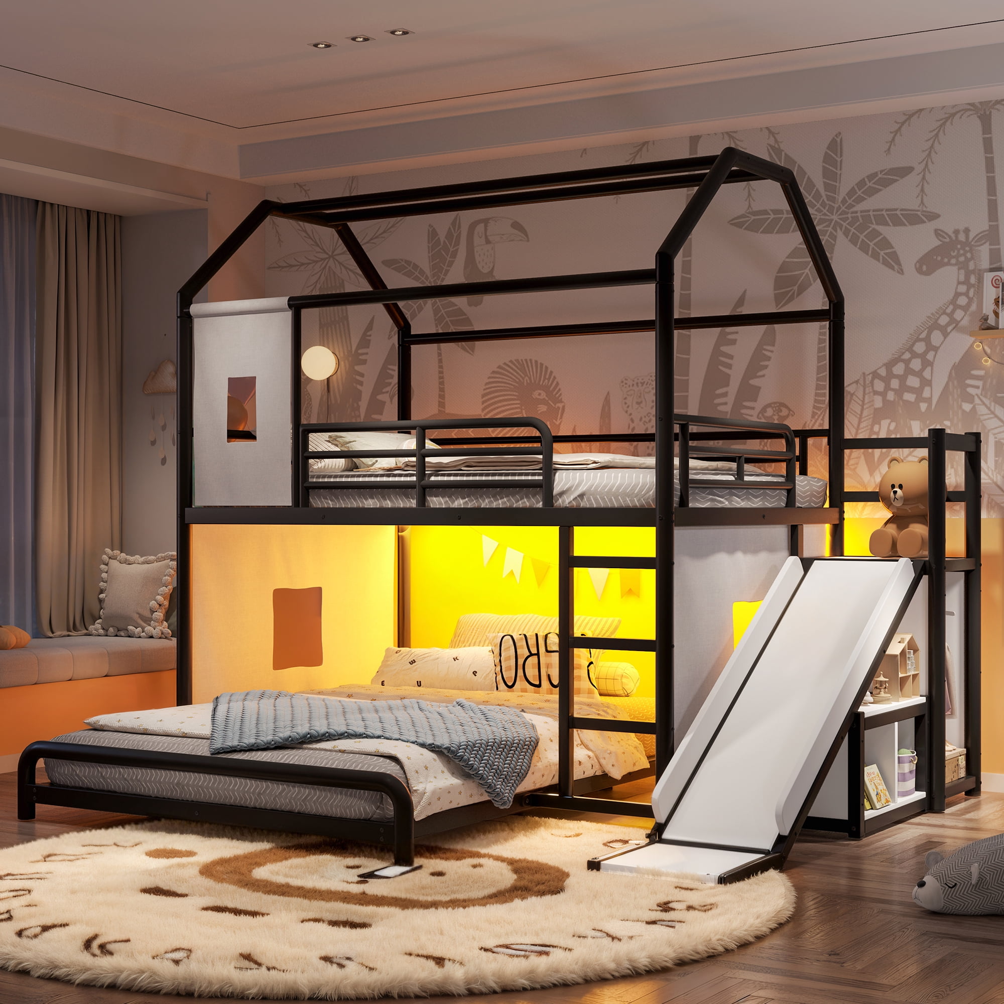 Leumius Full over Full Playhouse Metal Bunk Bed with Slide & Ladder, House Shaped Bunk Bed with LED Light Strip, Privacy Curtain, Movable Storage Cabinet and Hanging Rod for Bedroom Black