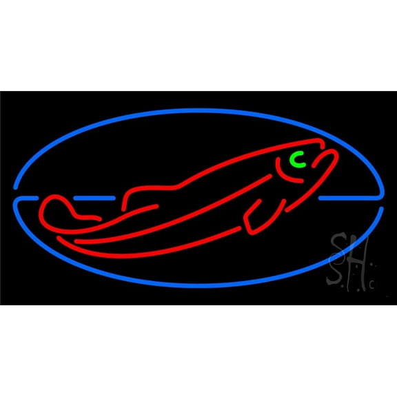 Fish Red Oval LED Neon Sign 13" Tall x 24" Wide - inches Black Square Cut Acrylic Backing, with Dimmer - Premium built indoor Sign for Club, Home décor, Event, Workshop, Storefront.