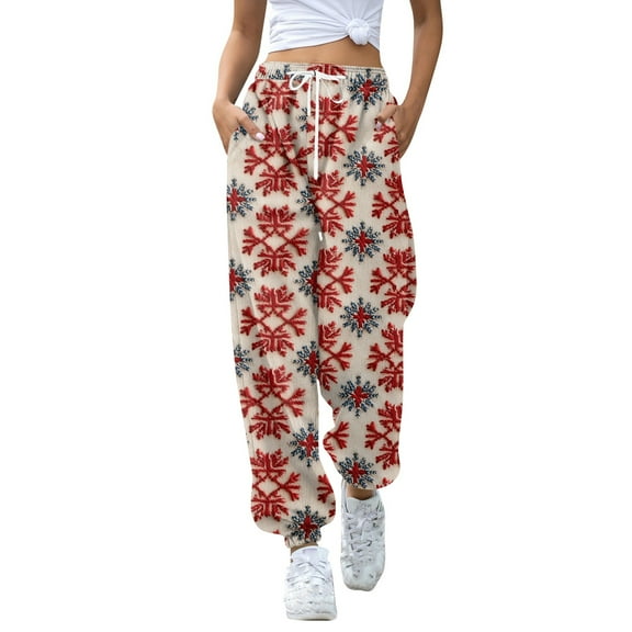 Women's Casual Fashion Christmas Print Sweatpants with Drawstring Waistband and Cuffed Legs, Comfortable Long Pants for Sports and Home Wear, Elastic Waist for Easy Fit,Red,3XL