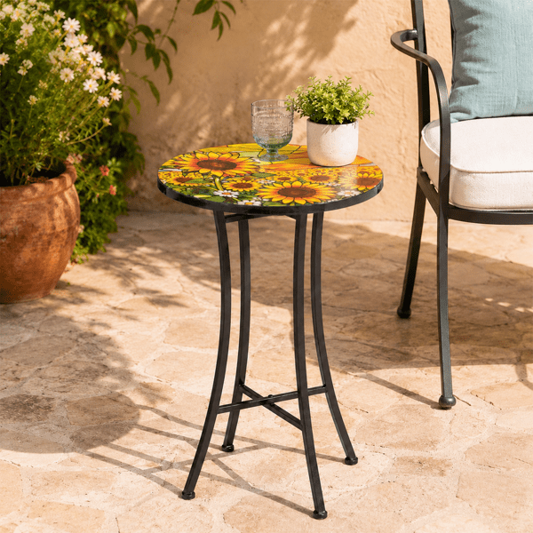 14 inch Side Table, Round Iron Top End Table, Indoor Outdoor Accent Table, Sunflower Mosaic