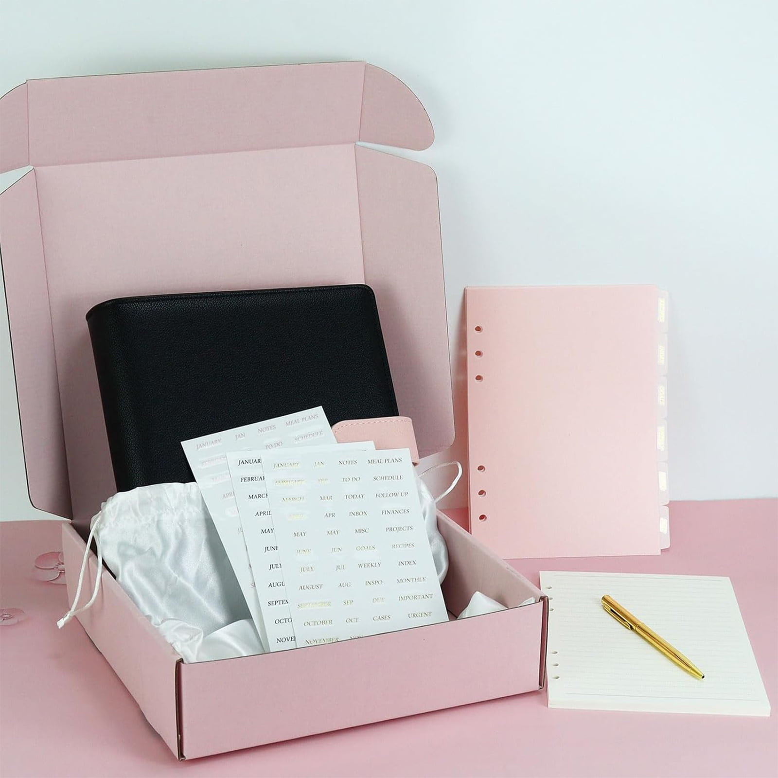 Multibey A5 Leather Binder Cover - Refillable 6-Ring Planner Organizer with Refill Paper, Dividers, Gold Pen & 3 Stickers, Leather Travel Journal Notebook Cover (Black & Pink)