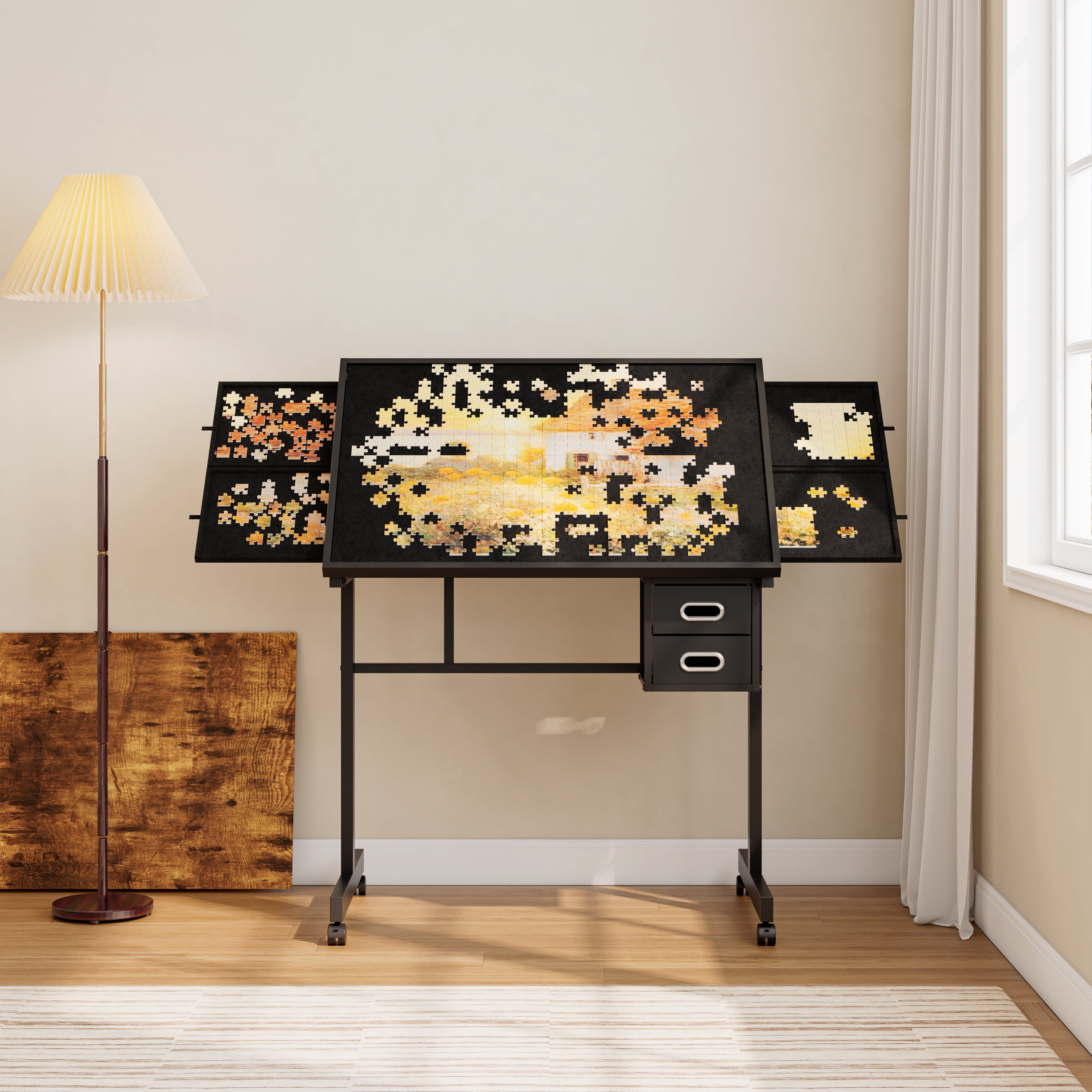 1500 Pieces Jigsaw Puzzle Table for Adults – Metal Tabletop with 4 Storage Trays | White, Ideal Gift for Puzzle Lovers | Neat Storage for Home/Game Room Use（Black with 2 drawers）