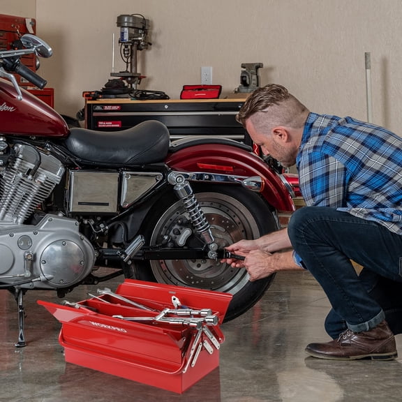18-Inch Folding Red Metal Tool Box with 5-Tray Organizer,  & Portable Storage Solution