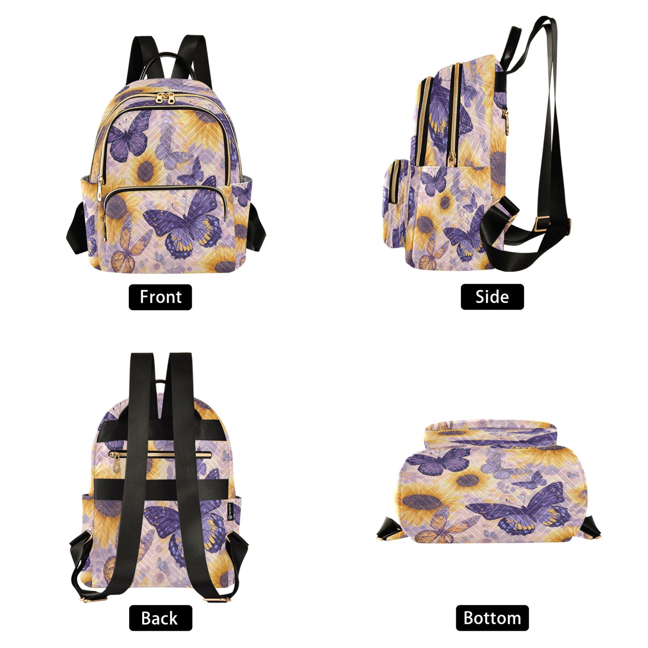 Purple Butterflies with Sunflowers Quilted Backpack Fashion Daypack Commuter Bag for Women 14 L