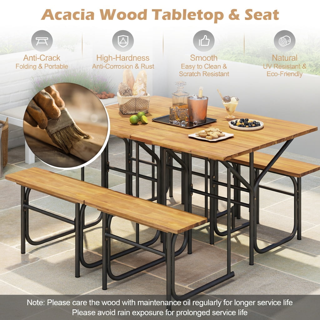 Hommoo Acacia Wood Outdoor Picnic Table and Bench Set, Single-Side Patio Table with Metal Frame, Black & Natural