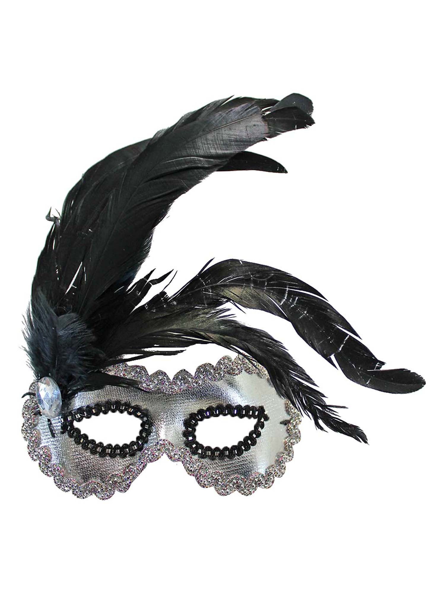 Silver Eye Costume Mask With Black Feather Plume