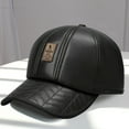 thumbnail image 2 of Pnellth Baseball Cap Fall Winter Peaked Hat Faux Leather Windproof Thickened Plush Solid Color Dome Soft Warm Long Brim Anti-slip Mid-aged Men Baseball Cap, 2 of 8